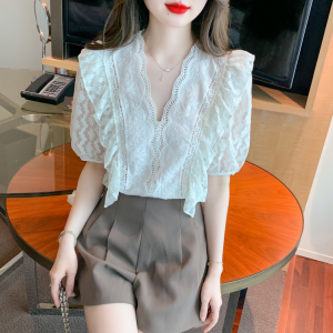 RM5570#夏季新款V领花边蕾丝衫雪纺衫超仙显瘦洋气短袖小衫女