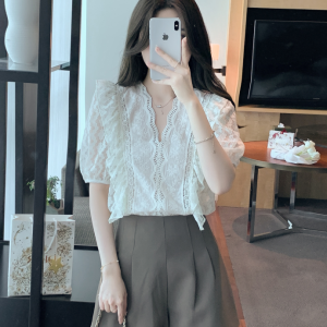 RM5570#夏季新款V领花边蕾丝衫雪纺衫超仙显瘦洋气短袖小衫女