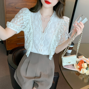 RM5570#夏季新款V领花边蕾丝衫雪纺衫超仙显瘦洋气短袖小衫女
