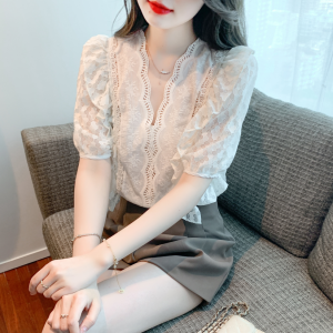RM5570#夏季新款V领花边蕾丝衫雪纺衫超仙显瘦洋气短袖小衫女