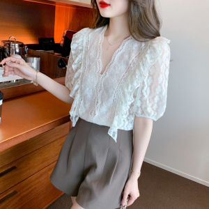 RM5570#夏季新款V领花边蕾丝衫雪纺衫超仙显瘦洋气短袖小衫女