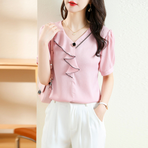 RM11590#夏季新款时尚V领荷叶边上衣气质个性短袖雪纺衫衬衫
