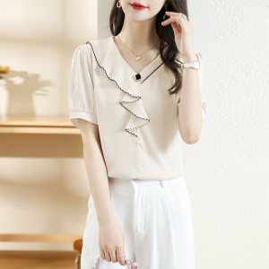 RM11590#夏季新款时尚V领荷叶边上衣气质个性短袖雪纺衫衬衫
