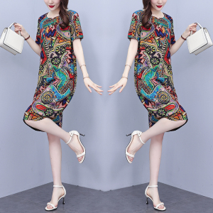 RM7881#夏装新款时尚大码连衣裙圆领显瘦遮肉胖MM气质洋气裙子