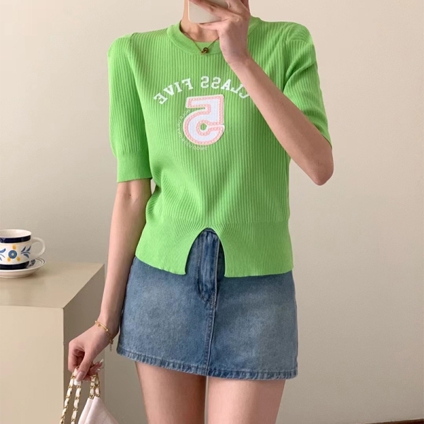 RM5356#小香风粉色字母短袖女2023夏季新款短款圆领泡泡袖针织衫上衣