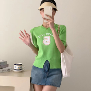 RM5356#小香风粉色字母短袖女2023夏季新款短款圆领泡泡袖针织衫上衣