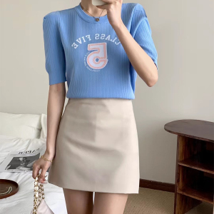 RM5356#小香风粉色字母短袖女2023夏季新款短款圆领泡泡袖针织衫上衣