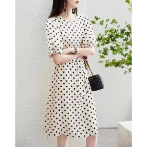 RM5370#波点法式连衣裙女2023春季新款圆领气质中长裙