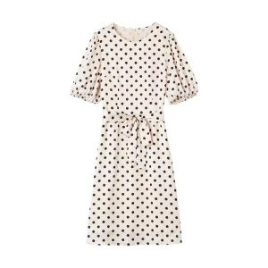 RM5370#波点法式连衣裙女2023春季新款圆领气质中长裙