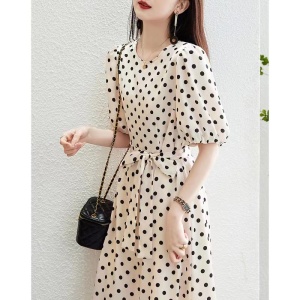 RM5370#波点法式连衣裙女2023春季新款圆领气质中长裙