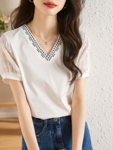 RM5372#夏季新款时尚提花雪纺拼接短袖t恤女刺绣v领气质宽松白色上衣