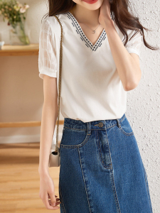 RM5372#夏季新款时尚提花雪纺拼接短袖t恤女刺绣v领气质宽松白色上衣