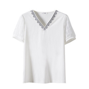 RM5372#夏季新款时尚提花雪纺拼接短袖t恤女刺绣v领气质宽松白色上衣