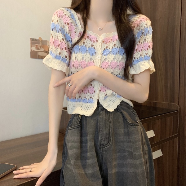 RM5388#新版韩风设计感钩花镂空短袖开衫