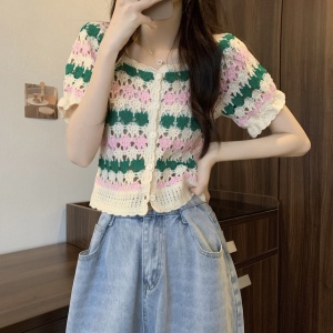 RM5388#新版韩风设计感钩花镂空短袖开衫