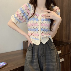 RM5388#新版韩风设计感钩花镂空短袖开衫