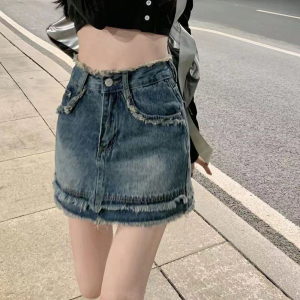 RM5770#高腰复古牛仔半身裙女2023夏季新款短裙设计感防走光a字包臀裙子