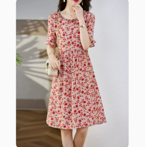 RM5376#桑蚕丝连衣裙女2023新款春夏碎花气质收腰小个子中长款真丝裙