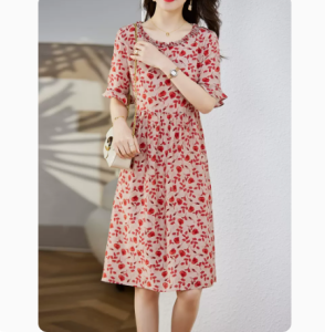 RM5376#桑蚕丝连衣裙女2023新款春夏碎花气质收腰小个子中长款真丝裙