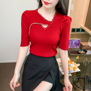 RM5395#新款重工钉钻修身泡泡袖圆领打底衫气质短袖针织上衣
