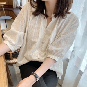 RM5384#白色职业衬衫女夏短袖设计感小众宽松显瘦薄款棉麻五分袖气质上衣