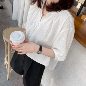 RM5384#白色职业衬衫女夏短袖设计感小众宽松显瘦薄款棉麻五分袖气质上衣