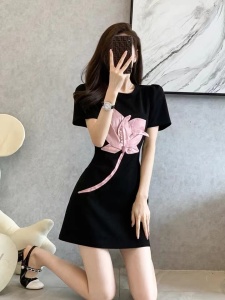 RM5389#郁金香甜美圆领宽松显瘦T恤裙别致设计感黑色连衣裙女装夏季减龄