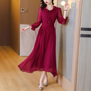 RM5778#纯色时尚奢华红色轻奢桑蚕丝连衣裙气质显瘦真丝裙女装