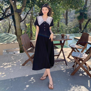 RM5559#赫本风黑色连衣裙女夏季法式减龄娃娃领收腰显瘦雪纺长裙