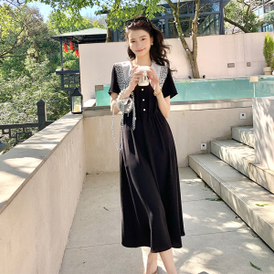 RM5559#赫本风黑色连衣裙女夏季法式减龄娃娃领收腰显瘦雪纺长裙