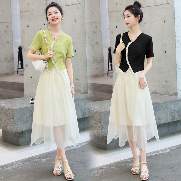RM7027#法式小香风连衣裙装女2023夏季新款奶系小个子上衣裙子两件套