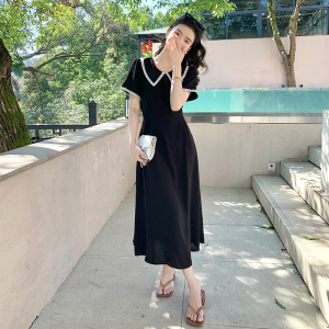 RM12525#气质娃娃领黑色连衣裙女夏季法式收腰显瘦高级感复古长裙