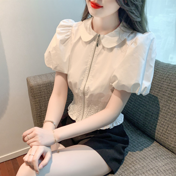 RM5627#夏季新款白色娃娃领泡泡袖收腰上衣女设计感小众百搭衬衫