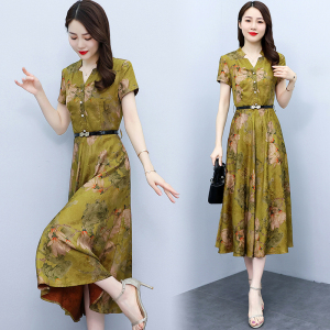 RM5475#夏季新款重磅花罗提花真丝香云纱印花百搭连衣裙女