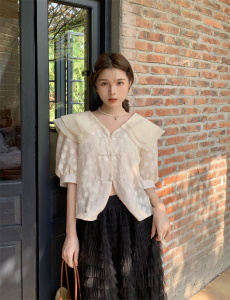 TR44573# 韩版设计感双层娃娃领珍珠扣花朵衬衫上衣 服装批发女装批发服饰货源