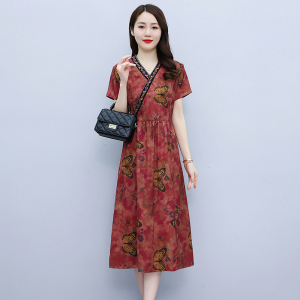 RM5476#香云纱连衣裙2023夏季新款重工刺绣复古印花中长裙女