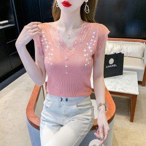 RM10956#针织面料拼接蕾丝无袖T恤V领夏季修身显瘦甜美女装重工镶钻