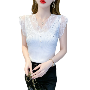 RM10956#针织面料拼接蕾丝无袖T恤V领夏季修身显瘦甜美女装重工镶钻