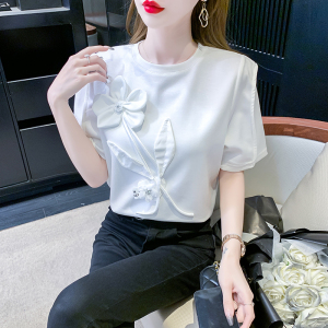 RM16343#短袖夏季重工花朵镶钻T恤常规休闲圆领短袖上衣女装新款