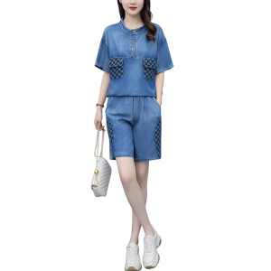 RM14738#夏季新款套装女 宽松洗水棉牛仔短裤两件套时尚拼接大码女装