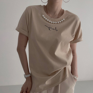 TR20691# 夏韩国chic简约珍珠点缀圆领字母短袖T恤女宽松上衣 服装批发女装服饰货源