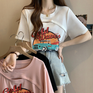 RM5500#夏装新款胖mm大码女百搭短袖加州汽车字母印花T恤上衣潮