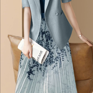 RM5655#短袖西装上衣印花百褶裙法式套装夏季2023新款女装两件套