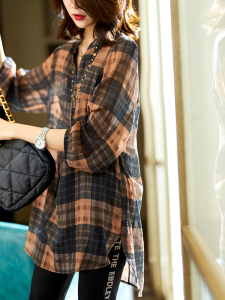 RM14325#素木时尚格子衬衫女2023年春季新款大码上衣欧货休闲中长款女装潮
