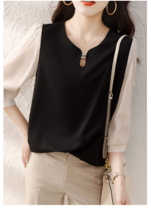 RM5702#春夏新款撞色拼接设计感衬衣女春装上衣通勤长袖衬衫女