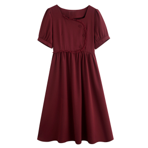 TR22038# 短袖法式茶歇复古纯色方领红色温柔气质连衣裙夏季新款 服装批发女装服饰货源