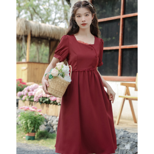 TR22038# 短袖法式茶歇复古纯色方领红色温柔气质连衣裙夏季新款 服装批发女装服饰货源
