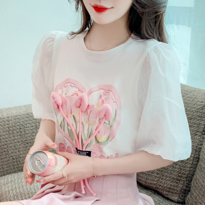 RM5610#复古圆领泡泡短袖T恤女夏季重工粉色立体爱心甜美上衣