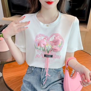 RM5610#复古圆领泡泡短袖T恤女夏季重工粉色立体爱心甜美上衣