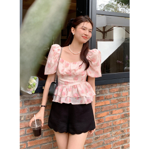 RM14651#夏季新款法式浪漫方领重工提花上衣小衫短袖印花雪纺衫